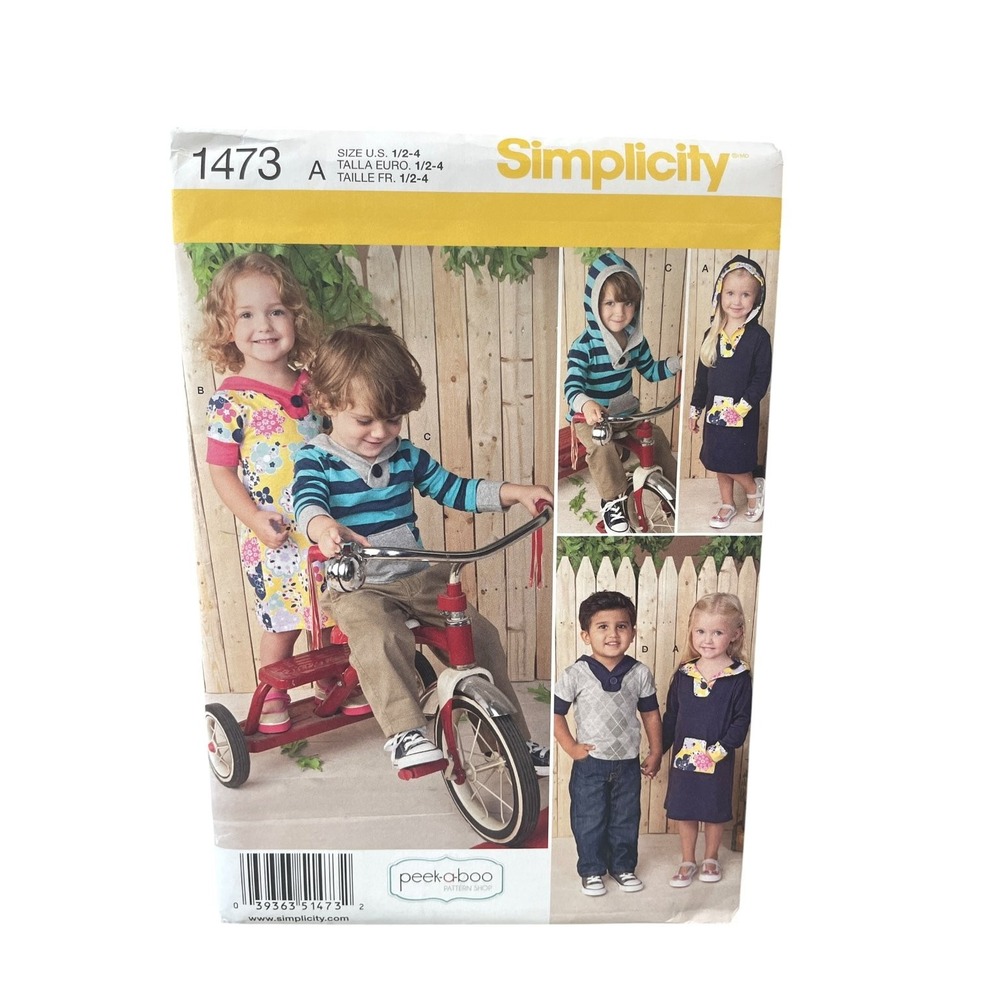 Simplicity 1473 Sewing Pattern Toddlers Size 1/2-4 Knit Hooded Dress Top Modern
